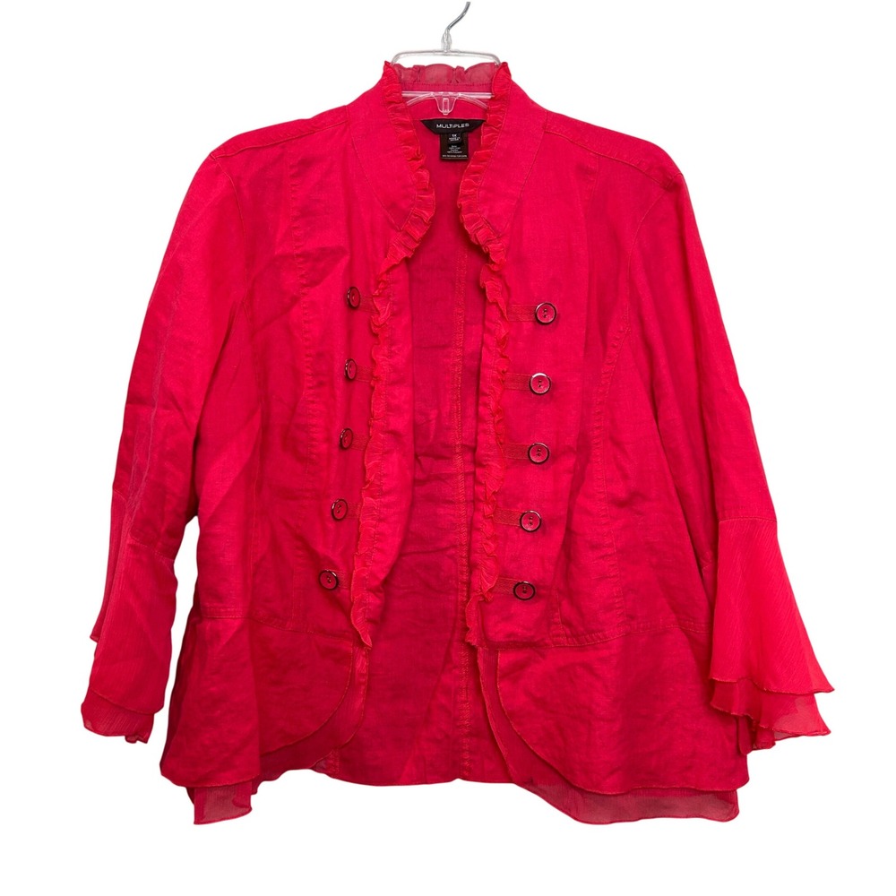 Multiples Jacket Womens 1X Pink Linen Ruffle Military Bell Sleeve Barbiecore